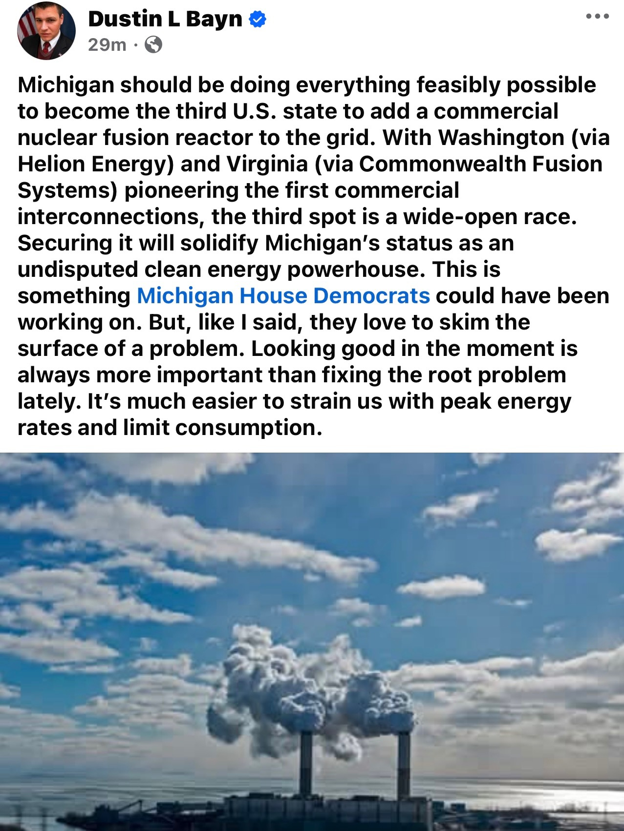 Dennco Holding Company CEO Dustin L. Bayn calls on Michigan to pursue commercial nuclear fusion and advanced technology investment, arguing that economic growth—not expanding government obligations—should be the state's top priority.